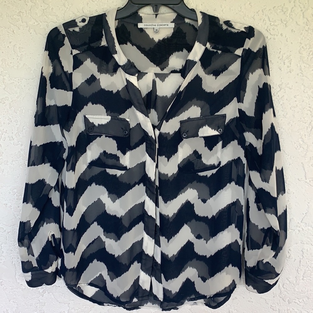 Navy Blue Sheer Chevron Blouse